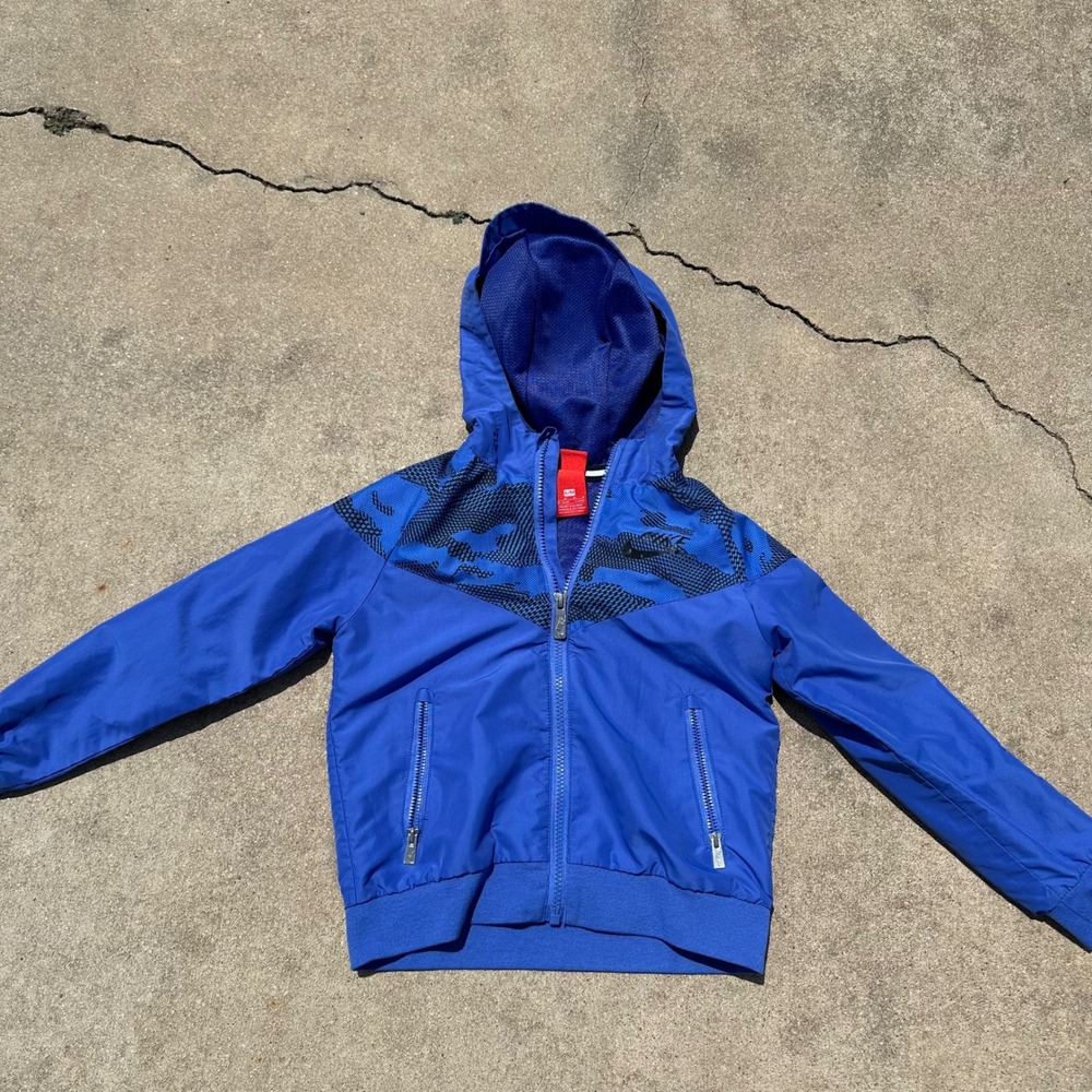 Nike‎ Windbreaker Jacket Full Zip Hooded Blue Camo Detail Kids Size 6